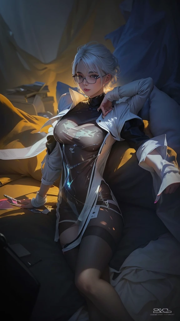 Sweet expression, lying down, white glasses, short white hair, (8k, RAW photo, photorealistic:1.25) ,( lip gloss, eyelashes, glossy face, shiny skin, best quality, super high resolution , depth of field, chromatic aberration, caustics, wide light, natural shadows, Kpop idol) looking at viewer with serenity and goddess-like bliss, full body, big breasts, white underwear, black stockings, see-through shirt, white shirt, secretary