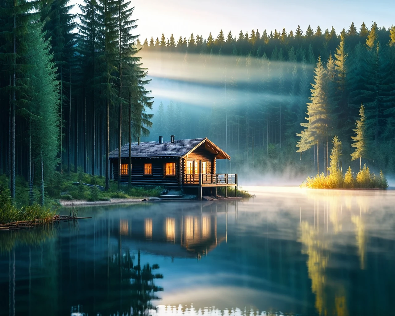 photorealistic lake with a european forest landscape, medium wooden cabin, sunrising with sunrays and sun at horizon,misty atmosphere, photo, cinematic material, wideview, widescreen,  ultra-detailed , high quality 