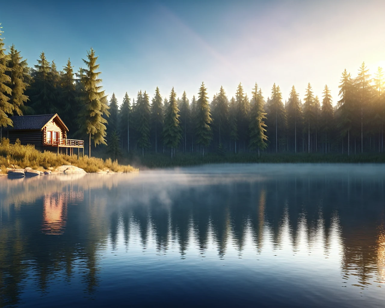 photorealistic lake with a european forest landscape, medium wooden cabin, sunrising with sunrays and sun at horizon,misty atmosphere, photo, cinematic material, wideview, widescreen,  ultra-detailed , high quality 