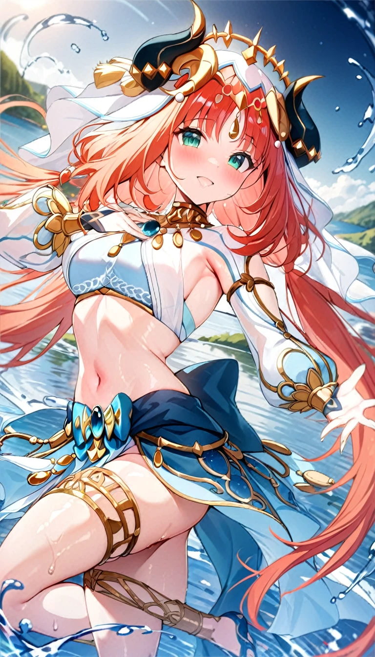 (((best quality)), ((masterpiece)), (details), masterpiece, best quality, high quality, ulutra detailed, perfect face,Shiny Hair、Glowing Skin、blush、nilou、whole body、Dancer、lake、Splash、dance、smile、nilou,1girl,独奏,horns,Veil,navel,