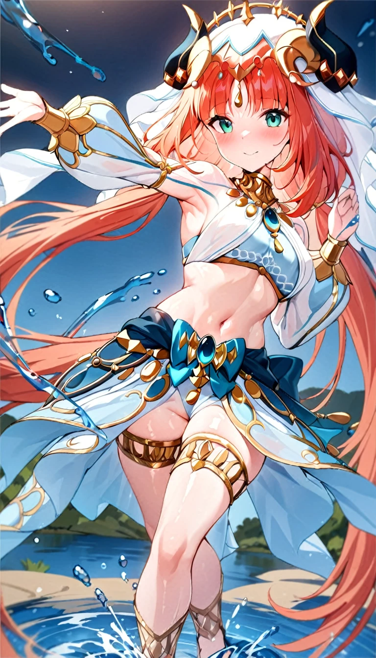 (((best quality)), ((masterpiece)), (details), masterpiece, best quality, high quality, ulutra detailed, perfect face,Shiny Hair、Glowing Skin、blush、nilou、whole body、Dancer、lake、Splash、dance、smile、nilou,1girl,独奏,horns,Veil,navel,