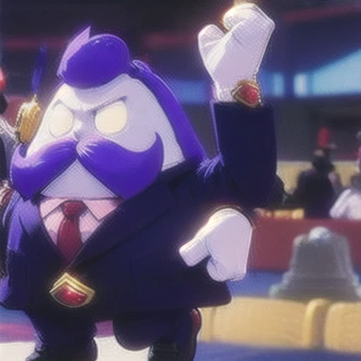 Haltmann, purple hair, purple mustache, round body, arms and hands, wearing a dark blue suit with pink vertical lining, pink shirt, red tie, black shoes, gold suit button with a red diamond, pale purple gloves, pink cuffs, pale purpmin, blue eyes, golden earpiece with antenna, in a office