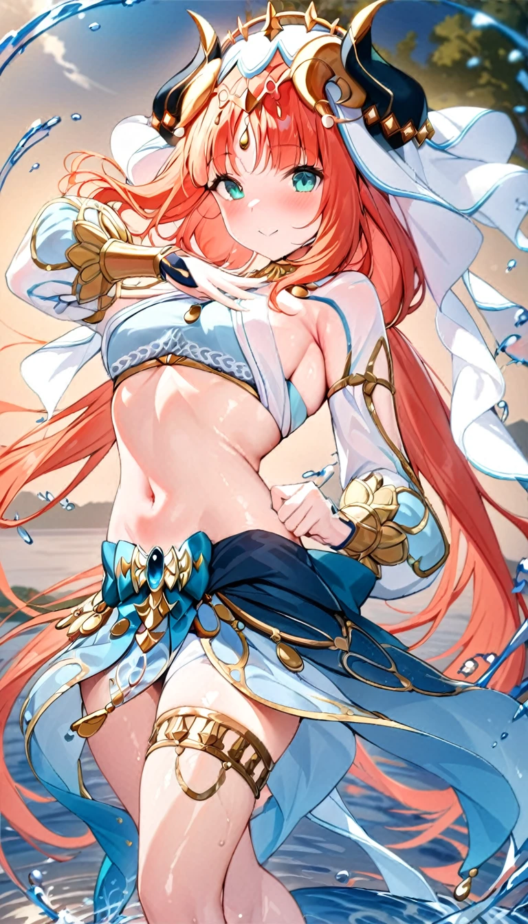 (((best quality)), ((masterpiece)), (details), masterpiece, best quality, high quality, ulutra detailed, perfect face,Shiny Hair、Glowing Skin、blush、nilou、whole body、Dancer、lake、Splash、dance、smile、nilou,1girl,独奏,horns,Veil,navel,