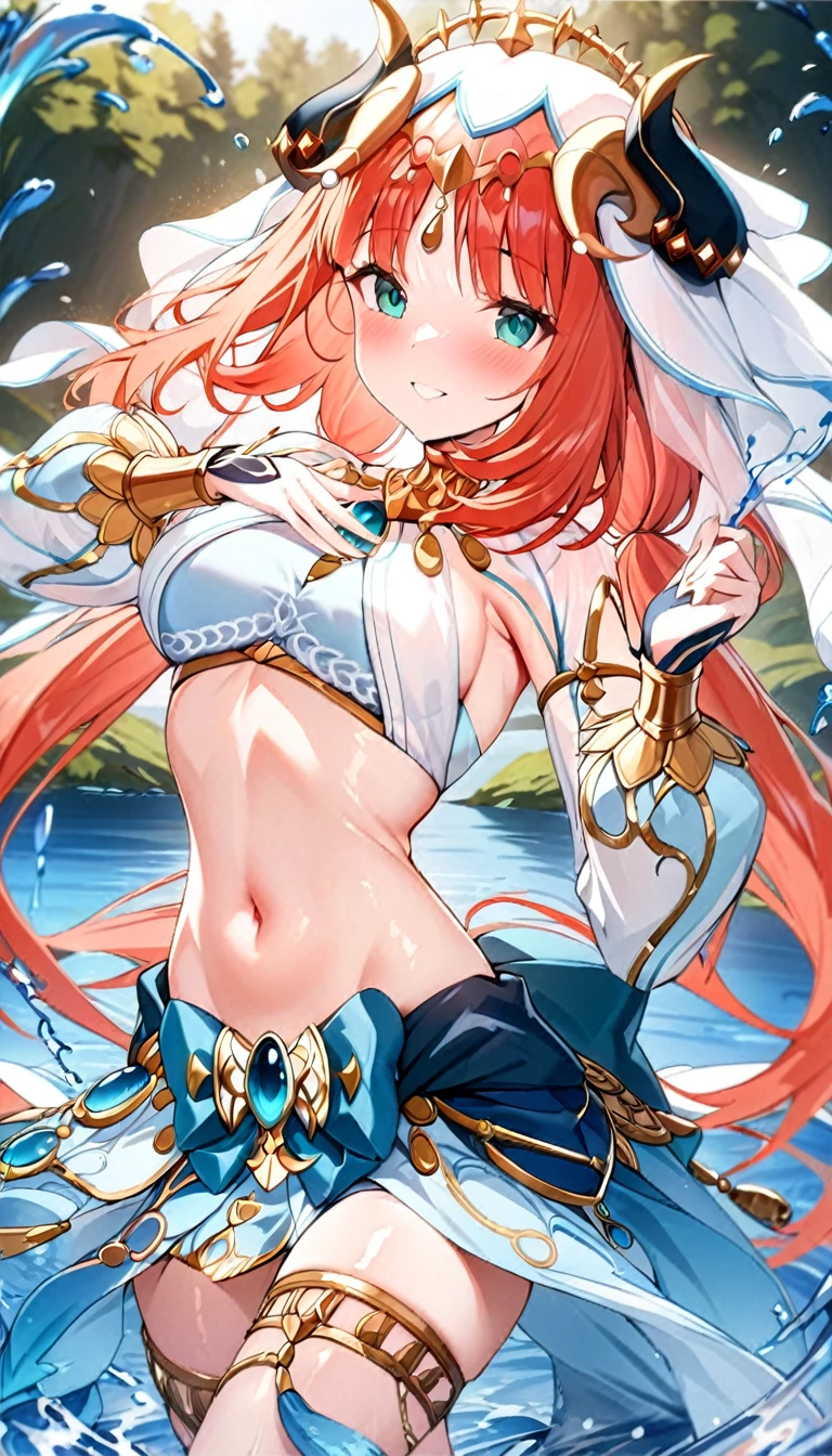 (((best quality)), ((masterpiece)), (details), masterpiece, best quality, high quality, ulutra detailed, perfect face,Shiny Hair、Glowing Skin、blush、nilou、whole body、Dancer、lake、Splash、dance、smile、nilou,1girl,独奏,horns,Veil,navel,