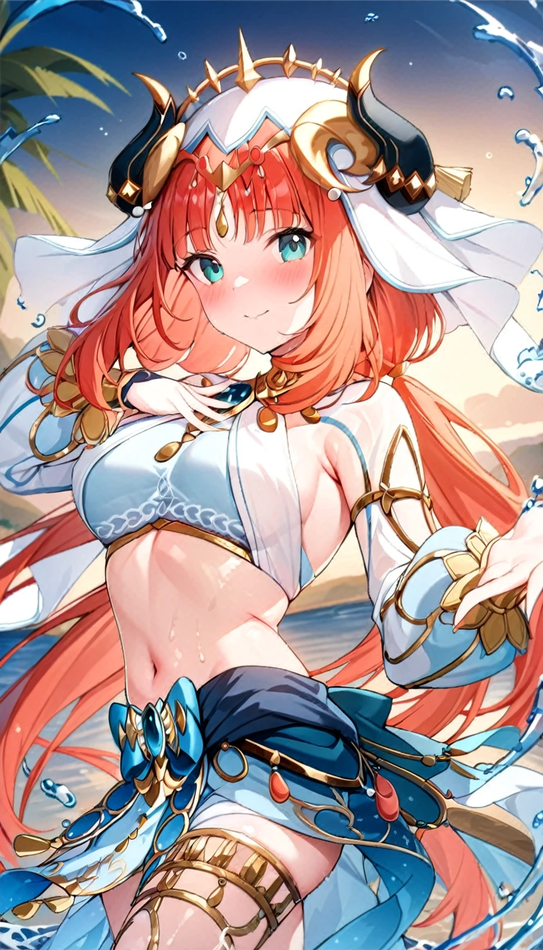 (((best quality)), ((masterpiece)), (details), masterpiece, best quality, high quality, ulutra detailed, perfect face,Shiny Hair、Glowing Skin、blush、nilou、whole body、Dancer、lake、Splash、dance、smile、nilou,1girl,独奏,horns,Veil,navel,