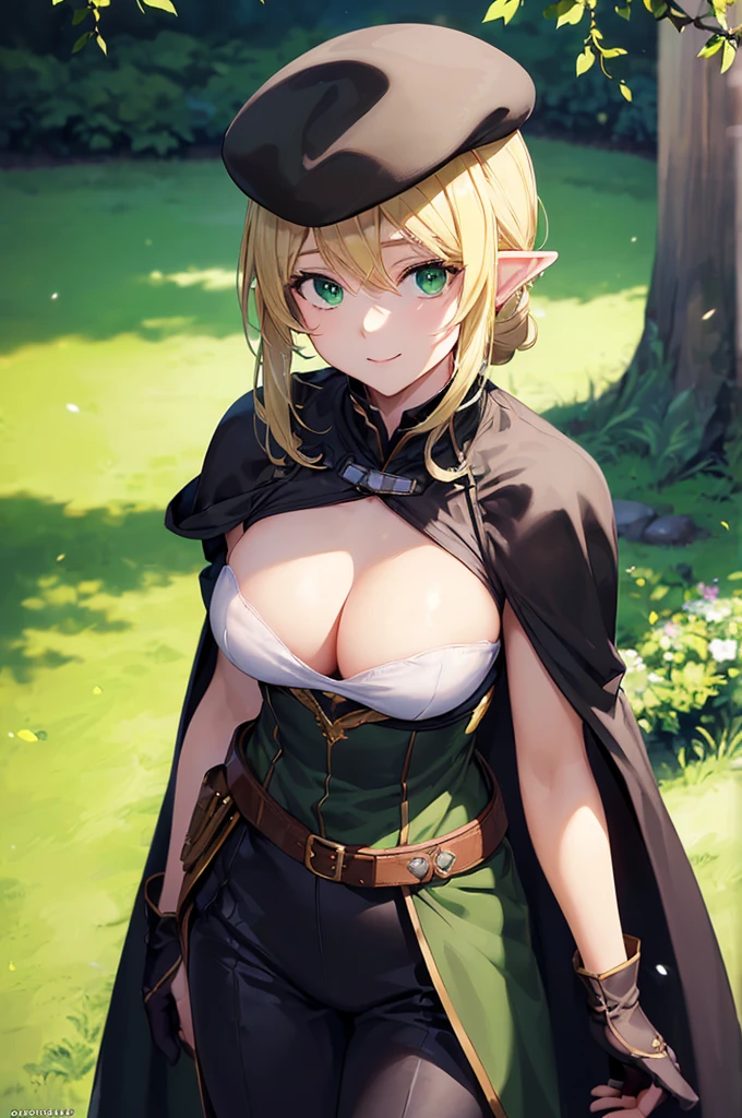 (((masterpiece; best quality: 1.2))), (finely detailed eyes: 1.3), (25 year old elf woman), (solo), (green eyes: 1.4), (body; big breasts, fit, femenine: 1.3), (silky blonde hair in low ponytail: 1.3), (beautiful and clear background: 1.2), ((depth of field)), (equipment: adventurer garb + modest + elegant wide-brim hat + dark blouse + dark cape + black long skirt + gloves + belt + pouches: 1.3), (anime illustration: 1.2), (background composition; royal garden: 1.1), (extremely fine and beautiful: 1.1), (shot composition; standing + centered on torso + close-up: 1.5), (expression; calm, smile: 1.2)