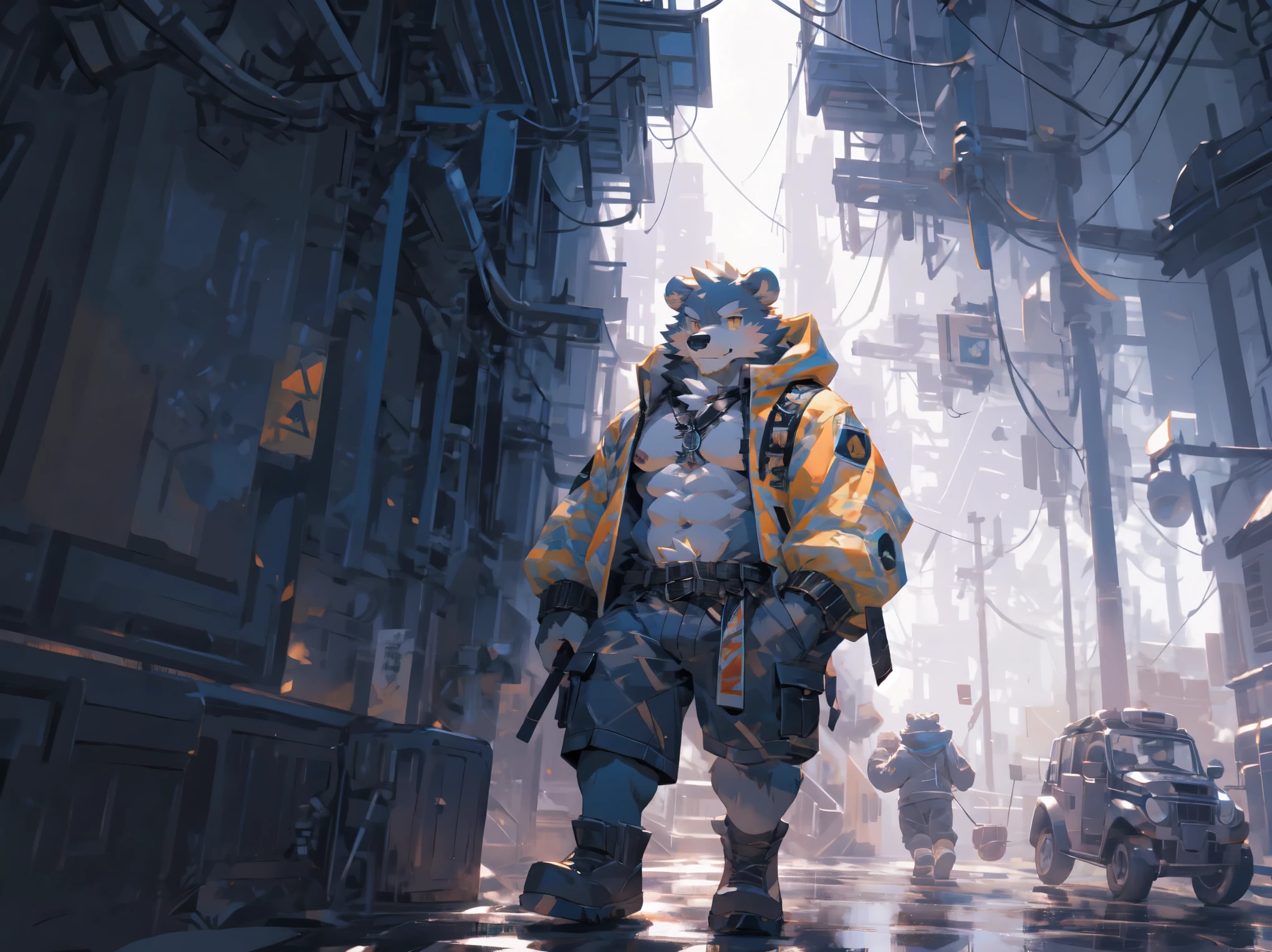 (masterpiece:1.2), best quality,pixiv,official art,perfect anatomy, (Ray tracing, light),solo, (1_male:1.3) , (muscle), (grey fur:1.4), (muscle bear),(abdominal muscles),(beard:1.2), (gleaming golden eyes), bear tail, full body, Thick black eyebrows, (open short hoodie), (naked inside),cargo shorts, black short boots, (windy), strong wind, strong breeze, white sundress, flying dandelion, zb spring, zhiyu, from above, floating in the air, leg up