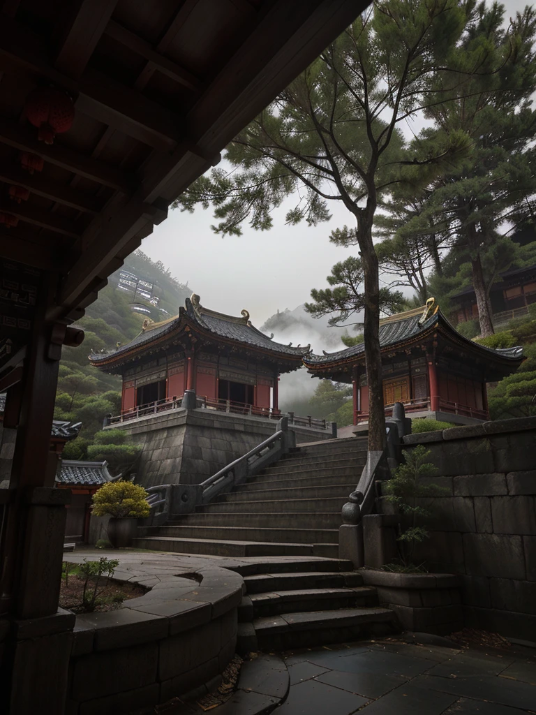 A real photograph captures a traditional Chinese building, which is a temple. It sits on a hillside, surrounded by trees and natural surroundings. The roof design features the traditional Chinese style with upturned eaves, in a combination of dark red and yellow colors.
In the foreground, a flight of stone steps leads up to the structure, flanked by railings. The entire scene is shrouded in a light mist, adding an air of mystery and tranquility. The sky is overcast, as if it has just rained. The atmosphere is cinematic, captured by a Canon camera.