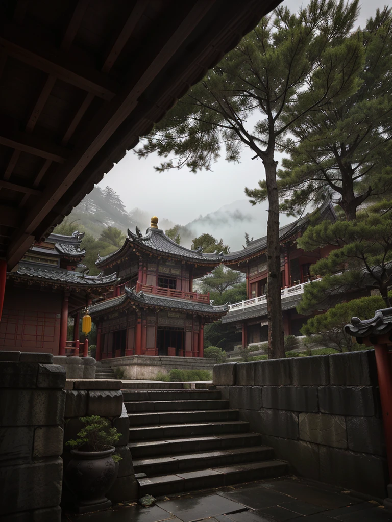 A real photograph captures a traditional Chinese building, which is a temple. It sits on a hillside, surrounded by trees and natural surroundings. The roof design features the traditional Chinese style with upturned eaves, in a combination of dark red and yellow colors.
In the foreground, a flight of stone steps leads up to the structure, flanked by railings. The entire scene is shrouded in a light mist, adding an air of mystery and tranquility. The sky is overcast, as if it has just rained. The atmosphere is cinematic, captured by a Canon camera.