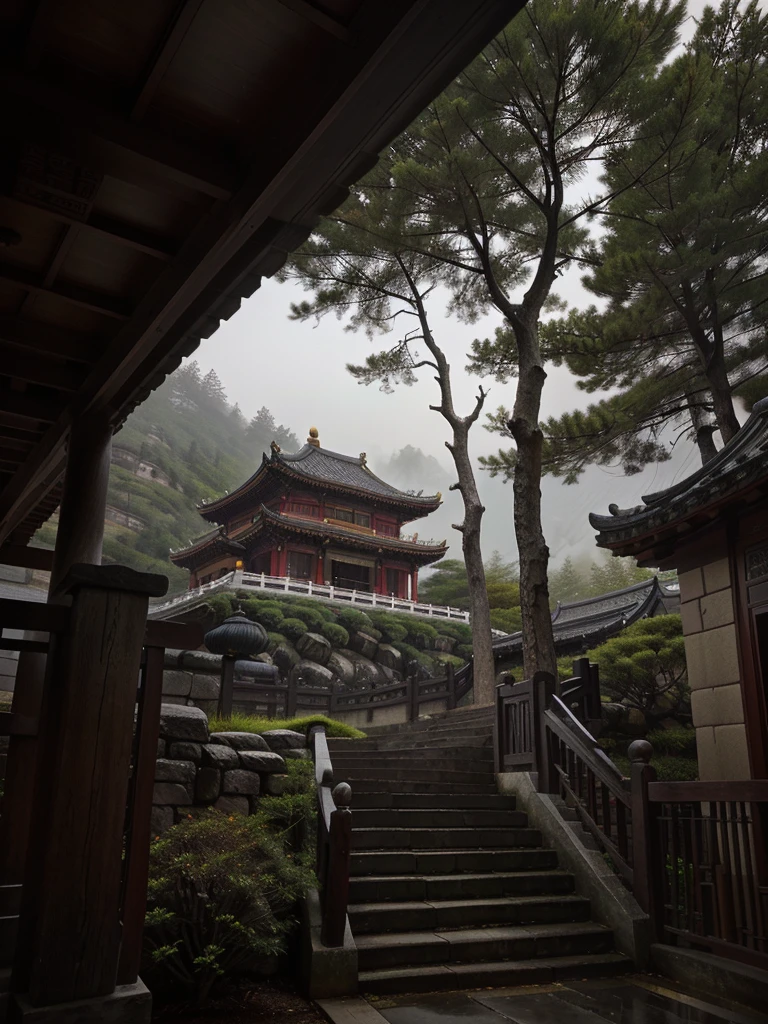 A real photograph captures a traditional Chinese building, which is a temple. It sits on a hillside, surrounded by trees and natural surroundings. The roof design features the traditional Chinese style with upturned eaves, in a combination of dark red and yellow colors.
In the foreground, a flight of stone steps leads up to the structure, flanked by railings. The entire scene is shrouded in a light mist, adding an air of mystery and tranquility. The sky is overcast, as if it has just rained. The atmosphere is cinematic, captured by a Canon camera.
