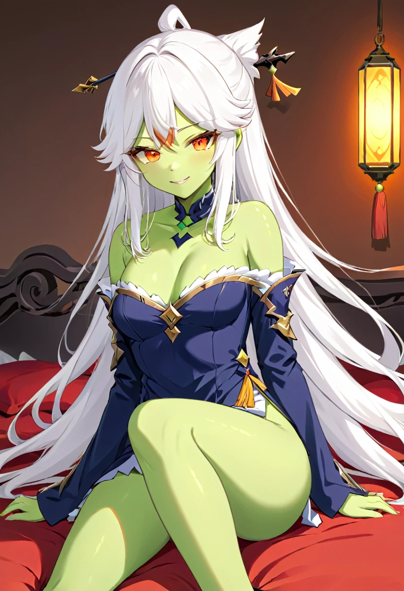 extremely详细,(best quality),((masterpiece)),(high resolution),The original,extremely,masterpiece, best quality, 1 Girl, Solitary, Long hair, Ningguang (Genshin Impact), parted Bangs, Off-shoulder, Bangs, clavicle, Long sleeve, Side lock, White hair, Red Eyes,Cowboy shooting, 裸Off-shoulder膀, very Long hair, Orange Eyes, permanent，Skin of color，Green Skin，whole body，Green Skin，Zombification，Green Skin，Sitting on the bed，Smile