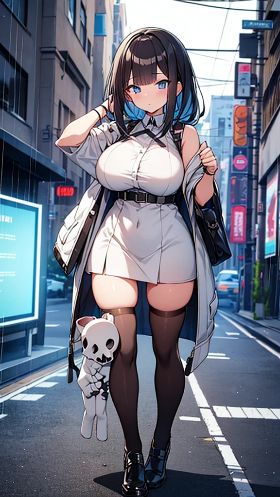 Full body image, フロント, One girl, 18-year-old, Mix 4, (32k, RAW Photos, Highest quality, masterpiece:1.2), (Anime-like, photoAnime-like:1.37), cute, ミニスカートのドレス, night, rain, Humidity, Professional Lighting, Photon Mapping, Radio City, Physically Based Rendering, Super Resolution, (Big Breasts:1.2), {{The biological weapon that had preyed on the younger sister took her place and reunited with the older brother.}}, Girl Skull, whole body, NSFW