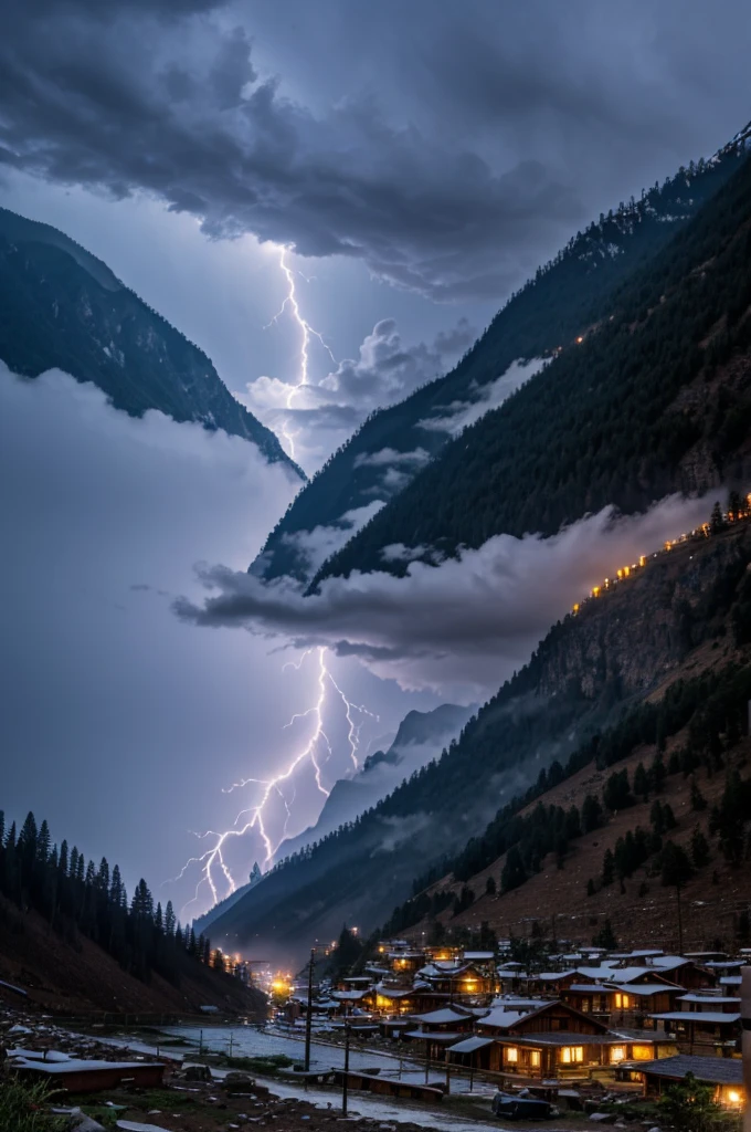 The heavy rain falling in the mountainside village was accompanied by lightning.