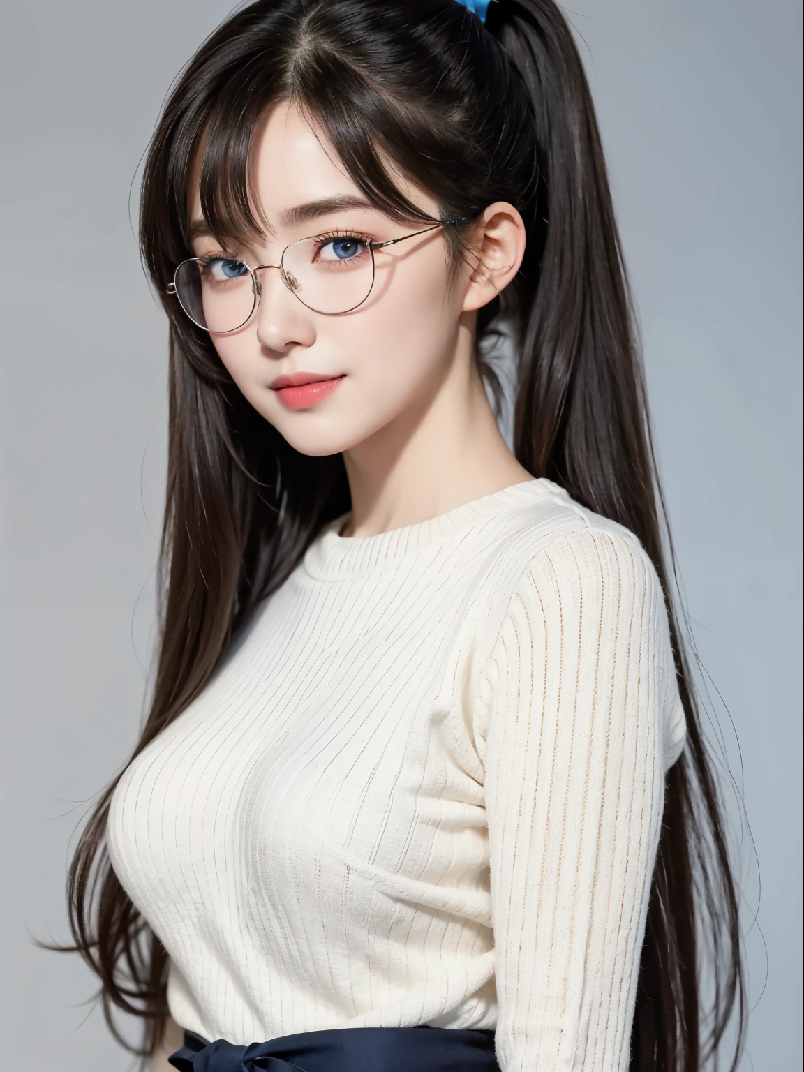 (Best quality, masterpiece, detailed), (RAW, 4k, hd images), shy, 1 girl, 17 years old, white skin, long hair, ponytail, layers hair, bangs, black hair, beautiful girl, cute girl, sweet girl, pretty girl, perfect girl, pretty eyes, blue eyes, thin lips, thin, eye line, perfect round breast, glasses(detailed frame), simple background, smile, waist, hips, sweater clothes, random angle capture, half body,