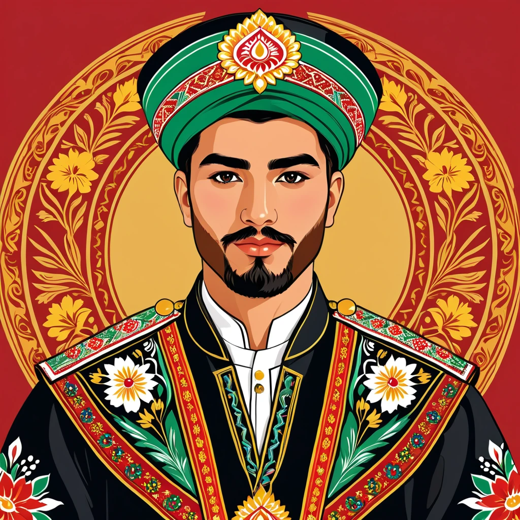 man in tajikistan folk outfit, vector graphics, strong contours