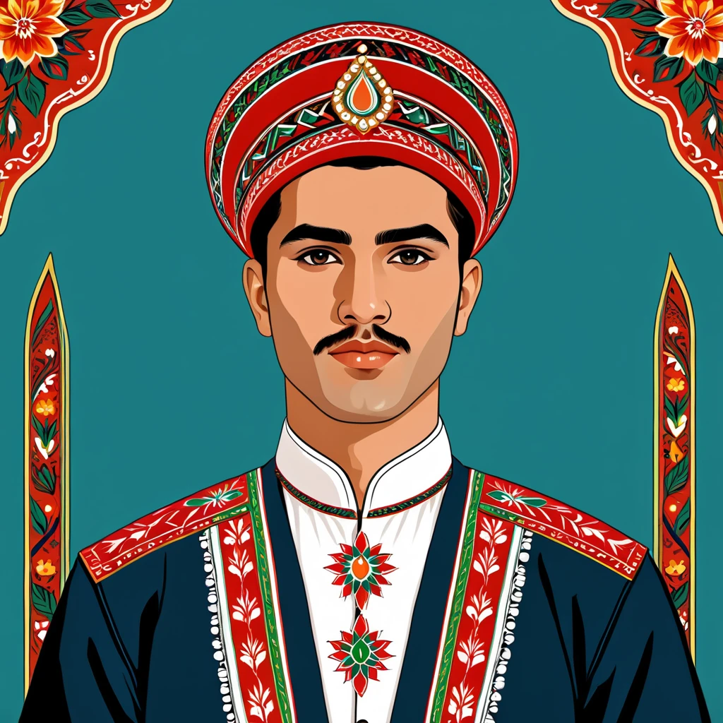 man in tajikistan folk outfit, vector graphics, strong contours
