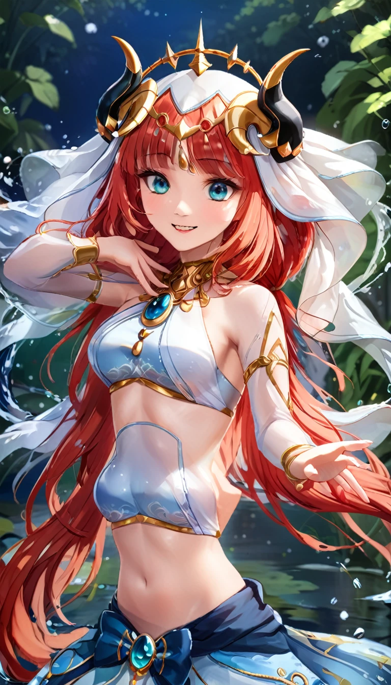 (((best quality)), ((masterpiece)), (details), masterpiece, best quality, high quality, ulutra detailed, perfect face,Shiny Hair、Glowing Skin、blush、nilou、whole body、Dancer、lake、Splash、dance、smile、nilou,1girl,独奏,horns,Veil,navel,