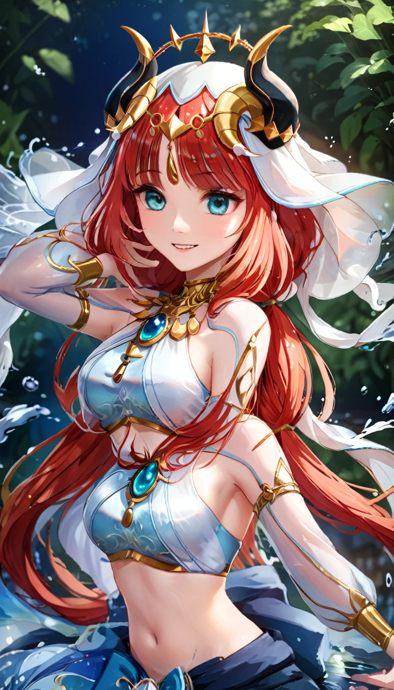 (((best quality)), ((masterpiece)), (details), masterpiece, best quality, high quality, ulutra detailed, perfect face,Shiny Hair、Glowing Skin、blush、nilou、whole body、Dancer、lake、Splash、dance、smile、nilou,1girl,独奏,horns,Veil,navel,