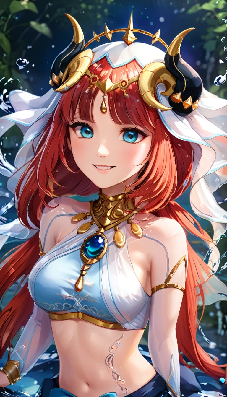 (((best quality)), ((masterpiece)), (details), masterpiece, best quality, high quality, ulutra detailed, perfect face,Shiny Hair、Glowing Skin、blush、nilou、whole body、Dancer、lake、Splash、dance、smile、nilou,1girl,独奏,horns,Veil,navel,