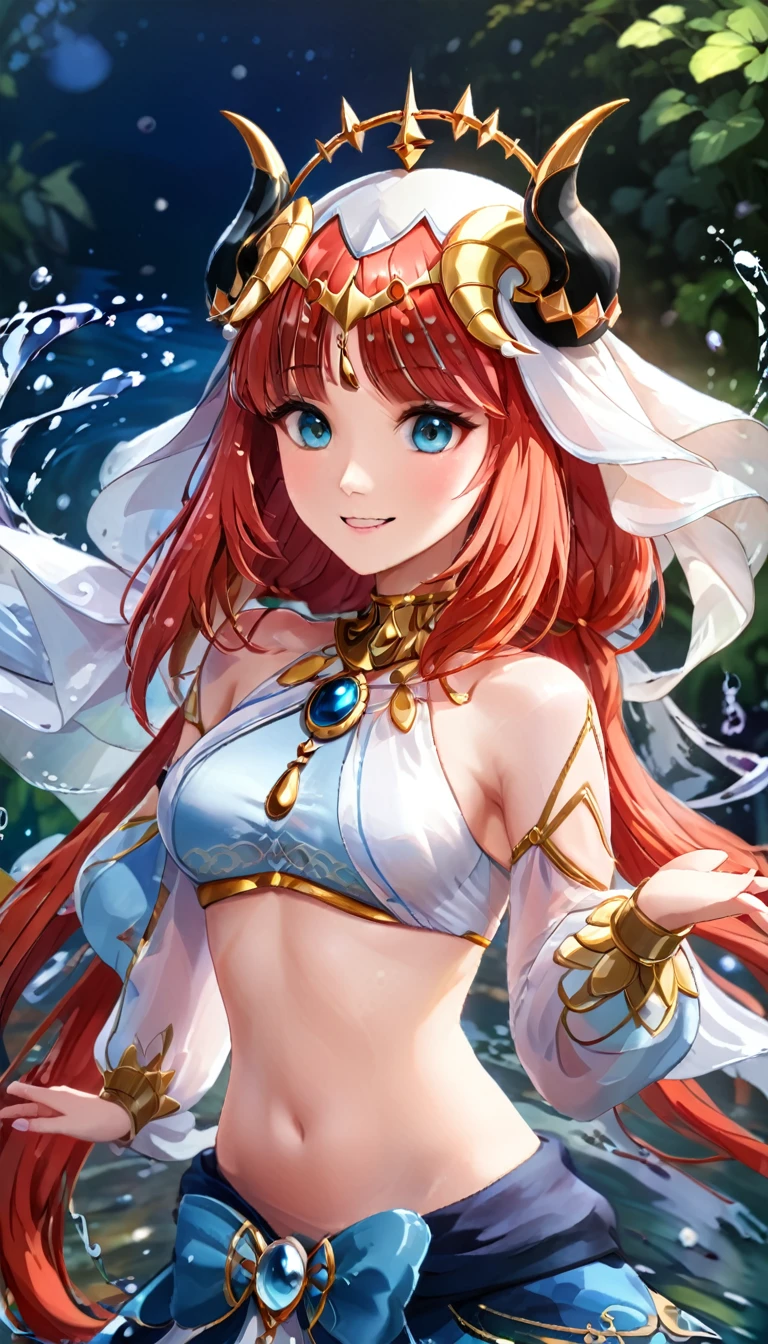 (((best quality)), ((masterpiece)), (details), masterpiece, best quality, high quality, ulutra detailed, perfect face,Shiny Hair、Glowing Skin、blush、nilou、whole body、Dancer、lake、Splash、dance、smile、nilou,1girl,独奏,horns,Veil,navel,