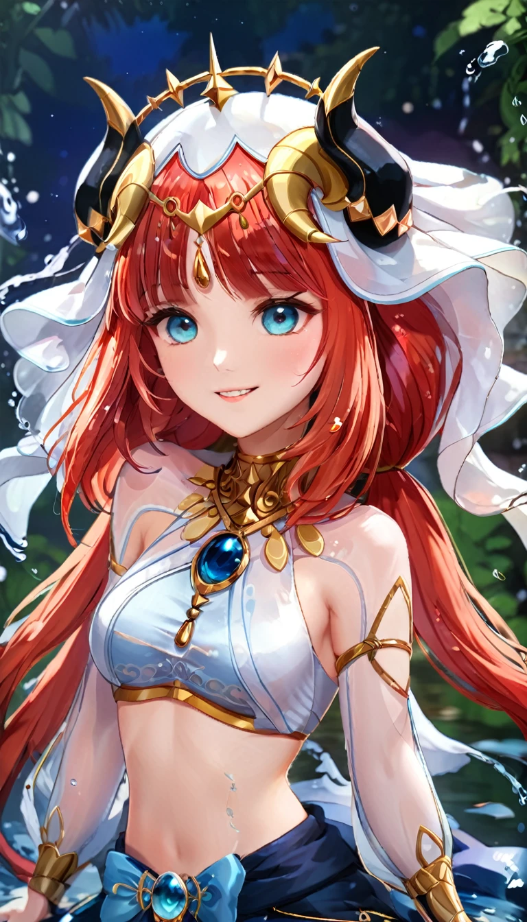 (((best quality)), ((masterpiece)), (details), masterpiece, best quality, high quality, ulutra detailed, perfect face,Shiny Hair、Glowing Skin、blush、nilou、whole body、Dancer、lake、Splash、dance、smile、nilou,1girl,独奏,horns,Veil,navel,