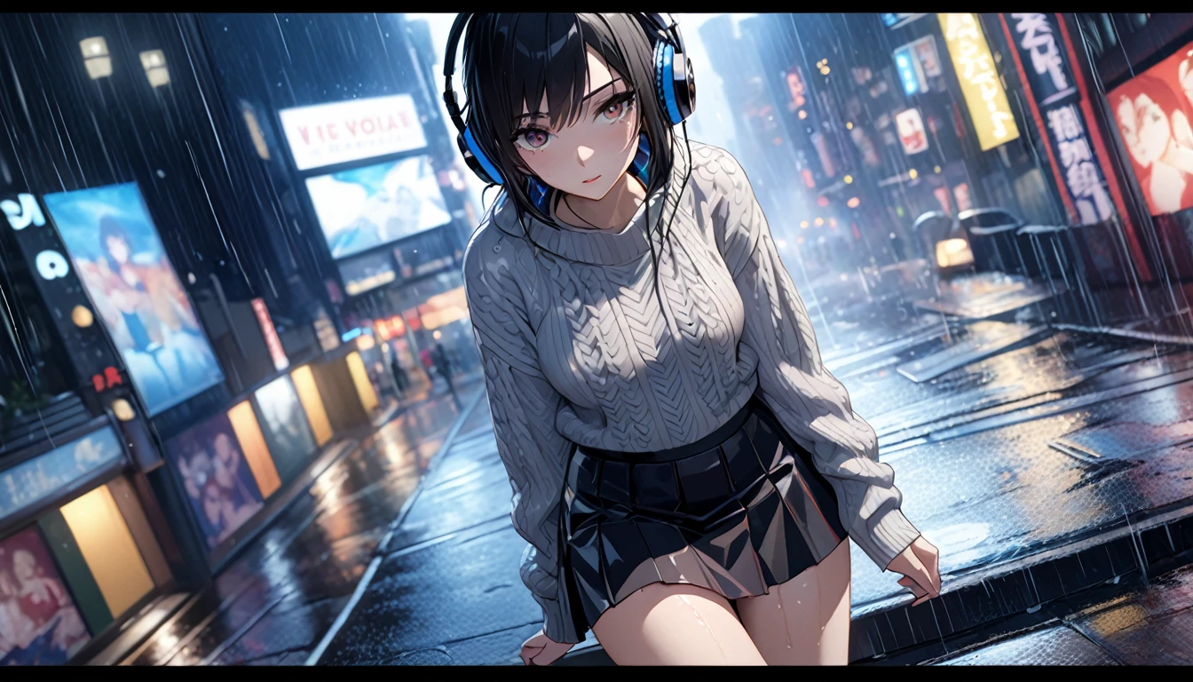 8k，masterpiece，Highest quality），Hyper Detail，Realistically，Highly detailed face、pupil(((Blank look)))，City lights，Ray Tracing， heavy rain，Short black hair、((Large knit、skirt))Slim and beautiful thighs、Rain-soaked clothes，Written boundary depth ，cinema lens lighting、Night view((Headphones)),