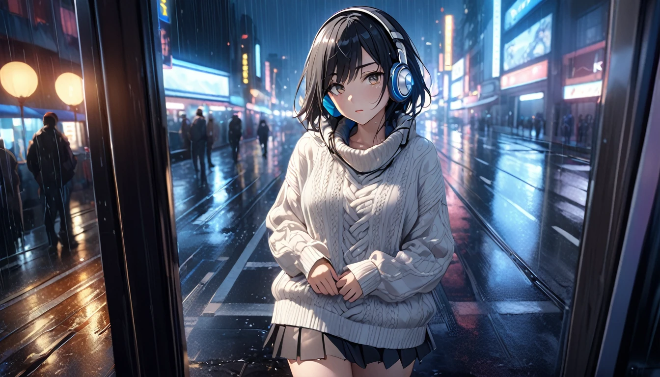 8k，masterpiece，Highest quality），Hyper Detail，Realistically，Highly detailed face、pupil(((Blank look)))，City lights，Ray Tracing， heavy rain，Short black hair、((Large knit、skirt))Slim and beautiful thighs、Rain-soaked clothes，Written boundary depth ，cinema lens lighting、Night view((Headphones)),