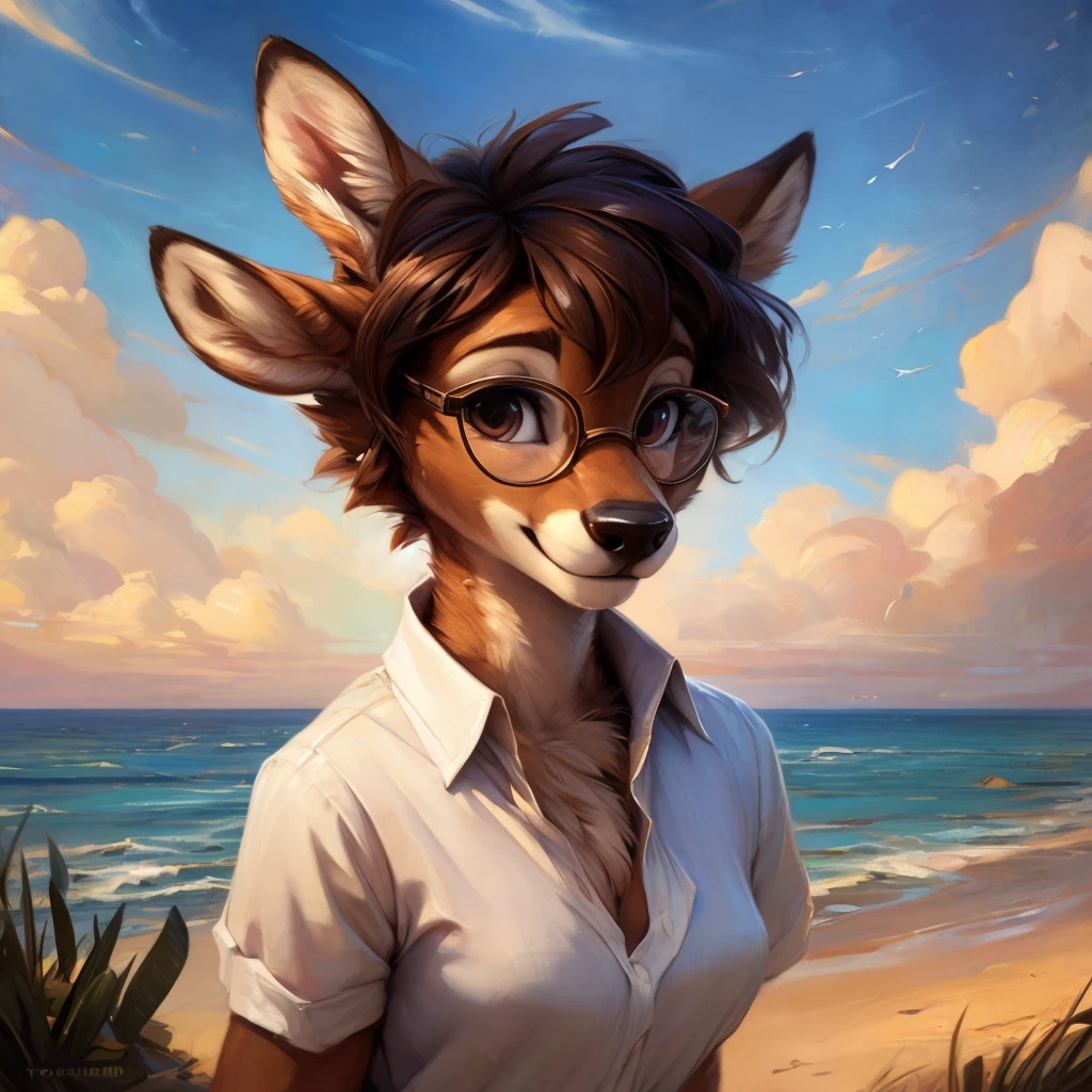 uploaded on e621, by Pixelsketcher, by Bayard Wu, by Thomas Benjamin Kennington , by Einshelm, by hioshiru and kenket, Chunie, portrait, solo anthro female deer doe, with small featureless breasts, clear dark blue, cinematic lighting, day, sunny day, beach, stays in the sea, sea background, mediterranean background, horizon background, shiny, short curly dark brown hair, wears big black nerd glasses, very very beautiful furry art, furry art, smiling, joyful, shiny, happy, feminine, cute face, muzzle, fluffy chest, flawless face, Fallow deer, 1girl, Sakimichan is beautiful, Masterpiece, Wavethesallow Face, shiny, Detailed image, portrait, Detailed image, portrait, full body, wearing wide, long, white blouse, shiny, realistic face, perfect anatomy, hourglass body, (furry body:1.1), anthropomorphic deer, small fluffy tail, detailed background, (cute anatomy:1.1), windy, smiling, very happy, happy

