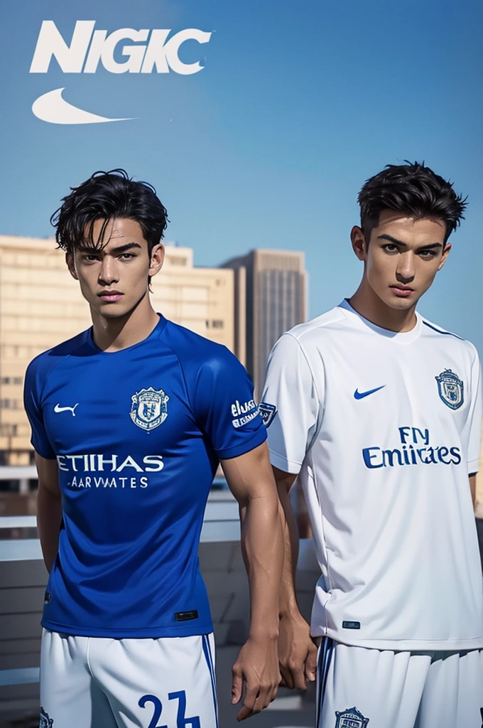 {{{Manchester United}}}, light, {{nike soccer jerseys}}, {{{best quality}}}, {{{realistic}}}, Detailed facial description, realistic 눈동자, {{2 handsome men}}, realistic 유니폼 주름, well proportioned, {{{manchester city}}}, {{{puma soccer jersey}}}, {{{back to back}}}, {{{soccer stadium}}}, football