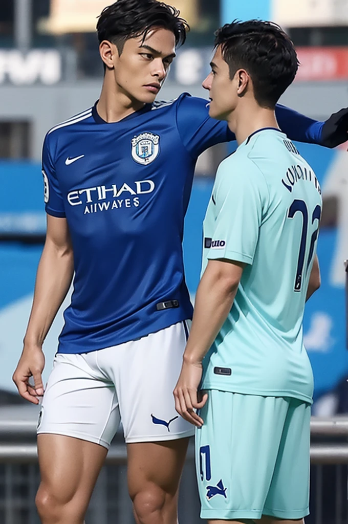 {{{Manchester United}}}, light, {{nike soccer jerseys}}, {{{best quality}}}, {{{realistic}}}, Detailed facial description, realistic 눈동자, {{2 handsome men}}, realistic 유니폼 주름, well proportioned, {{{manchester city}}}, {{{puma soccer jersey}}}, {{{back to back}}}, {{{soccer stadium}}}, football