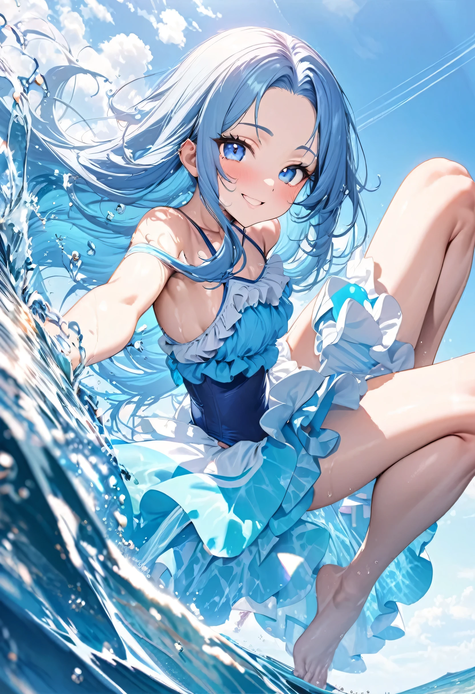 (full body, pov lovely swimsuit style) (beautiful body), (solo:2, 15 yo, forehead blue hair long hair lovely girl, cute blue eyes, glossy lip, love smile), (in a double exposure:1.2 beautiful water cute Layered frills blue one piece swimsuit with), break, in the sunshine Swimsuit contest venue, background beautiful ocean, Double Exposure beautiful rays, BREAK, perfect anatomy, masterpiece, best quality, 16k, beautiful detailed water, sexy, daydreaming expression.