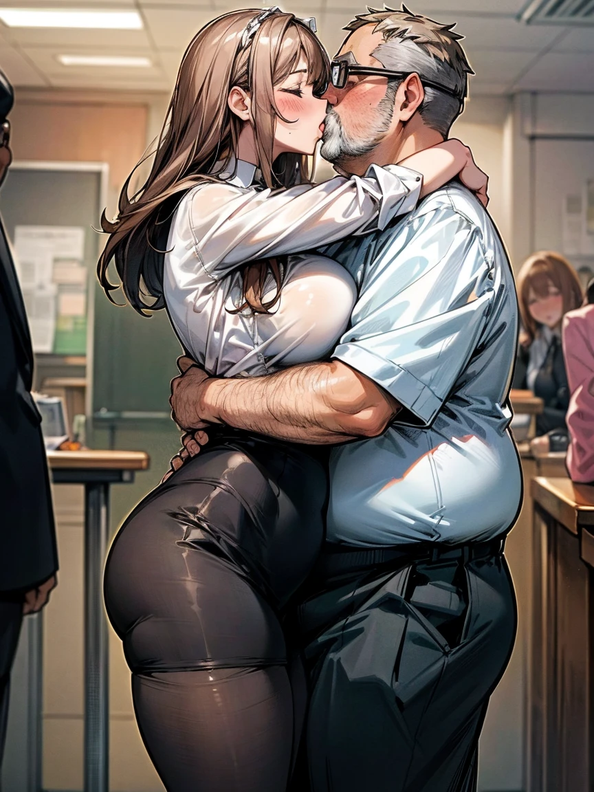 (One girl, A fat middle-aged man:1.2), 破れたpantyhose, pantyhose, White shirt, Pencil Skirt, blush, kiss, hug, Big Breasts, office, Very detailed, High resolution, 4K, masterpiece, High resolution、(tears:1.4)、(Clothes are see-through:1.2)、(Sex:1.6)、(rape)、(sit)