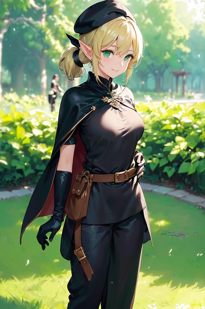 (((masterpiece; best quality: 1.2))), (finely detailed eyes: 1.3), (25 year old elf woman), (solo), (green eyes: 1.4), (body; big breasts, fit, femenine: 1.3), (silky blonde hair in low ponytail: 1.3), (beautiful and clear background: 1.2), ((depth of field)), (equipment: adventurer attire + modest + elegant wide-brimmed hat + dark blouse + dark cape + black long skirt + gloves + belt + pouches: 1.3), (anime illustration: 1.2), (background composition; royal garden: 1.1), (extremely fine and beautiful: 1.1), (shot composition; standing + centered on torso + close-up: 1.5), (expression; calm, smile: 1.2)
