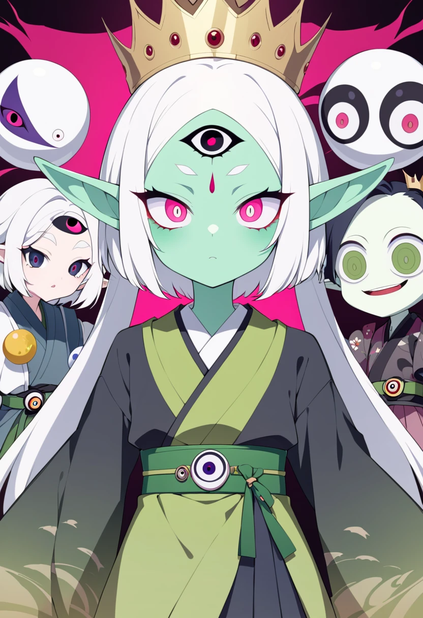Japanese Anime,Second Dimension,Horror style,horror character,(((Three-eyed boy,独奏,third eye on the forehead,Dark eyeshadow,White short hair,Elf ears,Green Skin,Exaggerated golden crown-eyeball decoration))),(((Japanese clothing))).(((Thin waist,Green belt:1.6))).Pure pink background
