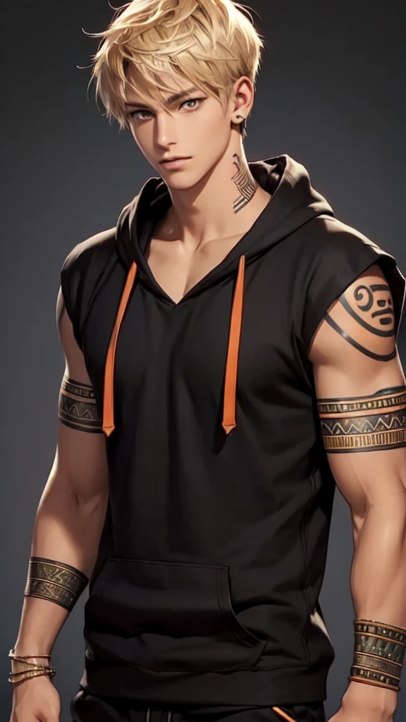 Handsome young man, blond, Orange Eyes, short hair, Black Hoodie,high quality, Draw Amount, pixiv illustrations，Tanned skin，Red tattoo on the arm，(Egyptian style，Egyptian Dress Up)