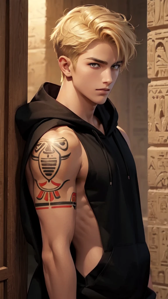 Handsome young man, blond, Orange Eyes, short hair, Black Hoodie,high quality, Draw Amount, pixiv illustrations，Tanned skin，Red tattoo on the arm，(Egyptian style，Egyptian Dress Up)
