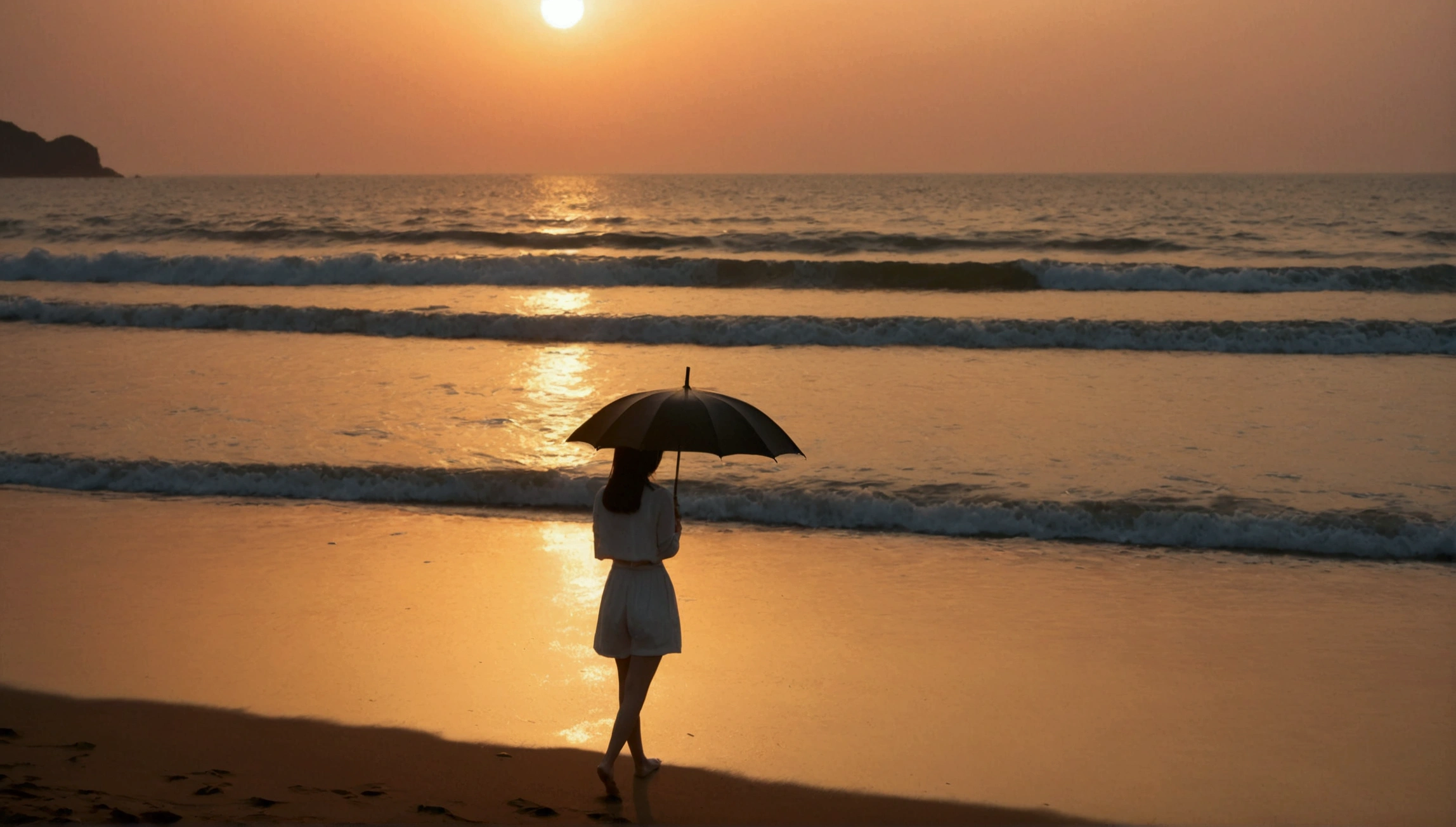 8k, Vivid picture quality, Vivid picture quality, long deserted beach, walking slowly from afar, short medium hair, beautiful appearance, Model-like body, sunset의 붉은 빛, sunset, alone, afternoon, depressed, tide가 밀려온다, rain, black umbrella, ocean, tide, wind, Short and slim Korean woman, tower, White shorts, tower을 입고 White shorts 입고, The strong red light of the setting sun, black umbrella,