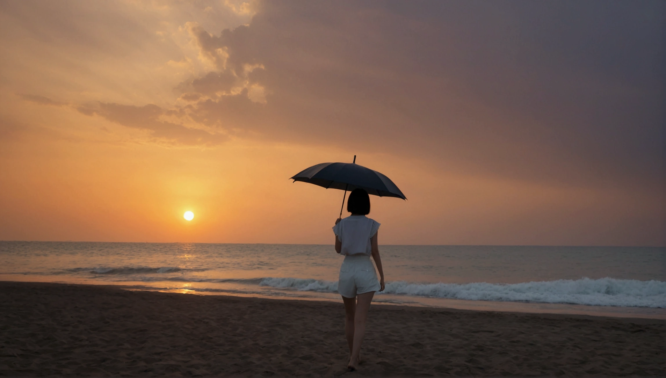 8k, Vivid picture quality, Vivid picture quality, long deserted beach, walking slowly from afar, short medium hair, beautiful appearance, Model-like body, sunset의 붉은 빛, sunset, alone, afternoon, depressed, tide가 밀려온다, rain, black umbrella, ocean, tide, wind, Short and slim Korean woman, tower, White shorts, tower을 입고 White shorts 입고, The strong red light of the setting sun, black umbrella,