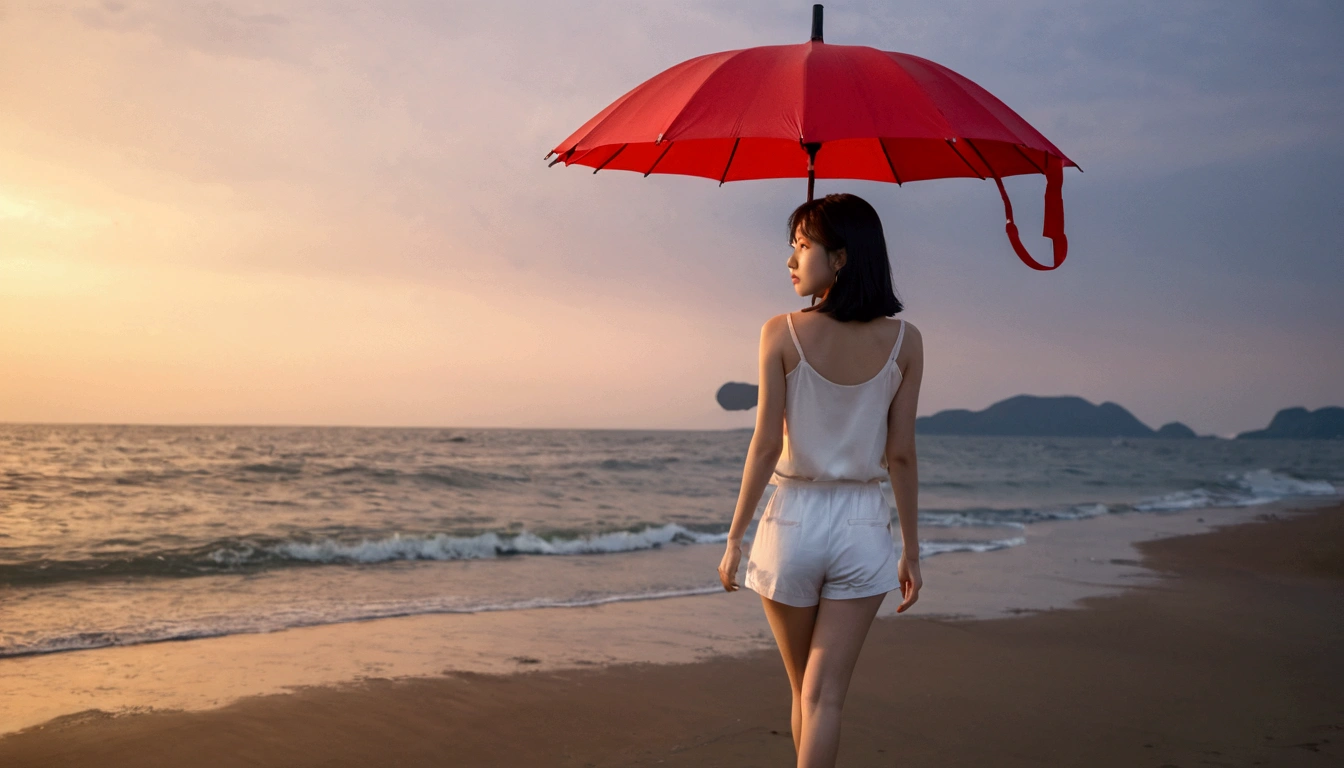 8k, Vivid picture quality, Vivid picture quality, long deserted beach, walking slowly from afar, short medium hair, beautiful appearance, Model-like body, sunset의 붉은 빛, sunset, alone, afternoon, depressed, tide가 밀려온다, rain, black umbrella, ocean, tide, wind, Short and slim Korean woman, tower, White shorts, tower을 입고 White shorts 입고, The strong red light of the setting sun, black umbrella,