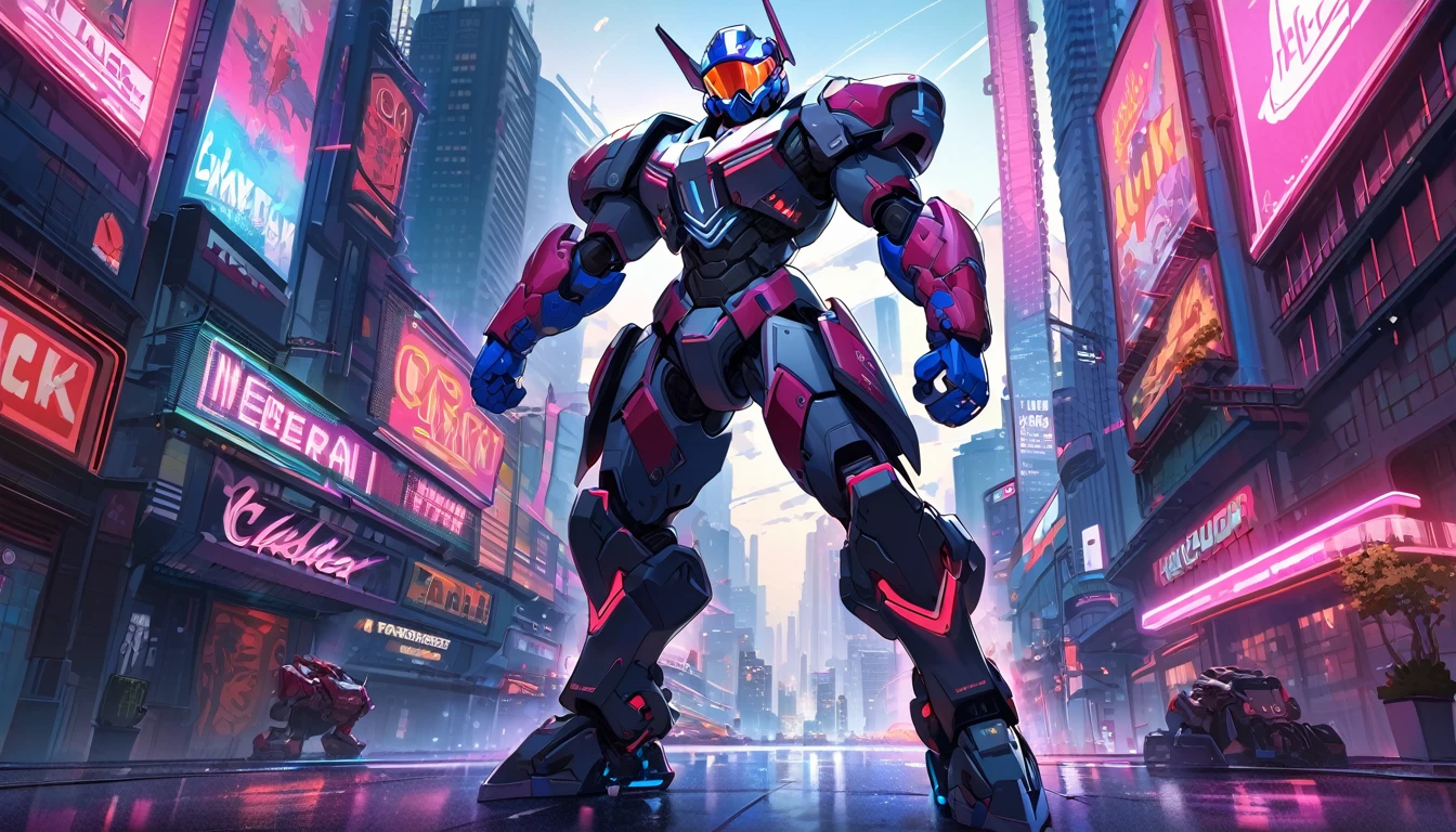 Mech suit ready for battle, full body shot, Vancouver, high-quality artwork, metal armour, intense lighting, cityscape background, heroic pose, dramatic shadows, carbon fiber suit with red neon lights, hockey helmet with blue visor, video game, blue electric fists, futuristic synth wave cyberpunk, hulkbuster