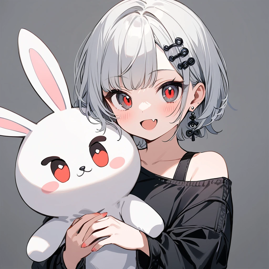 One girl,alone,白 hair,short hair,青 eyes,Silver earrings,black hairpin,black ,Gray background,I love the style,oversized shirt, shirt, Off the shoulder,mesugaki, smile, View your viewers, Sharp Eyes、
,holding stuffed rabbit,blush, Raise your hand, Leather Fang, ,Style 5,