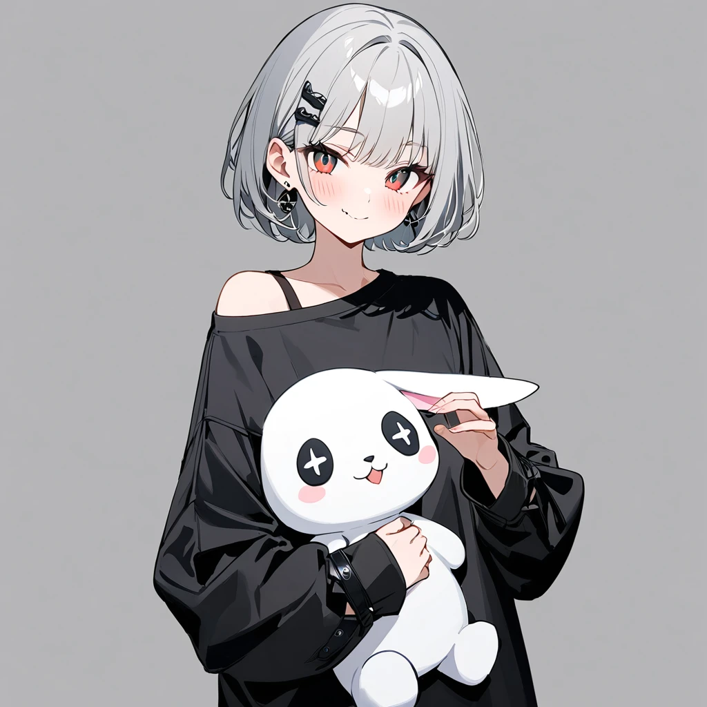 One girl,alone,白 hair,short hair,青 eyes,Silver earrings,black hairpin,black ,Gray background,I love the style,oversized shirt, shirt, Off the shoulder,mesugaki, smile, View your viewers, Sharp Eyes、
,holding stuffed rabbit,blush, Raise your hand, Leather Fang, ,Style 5,