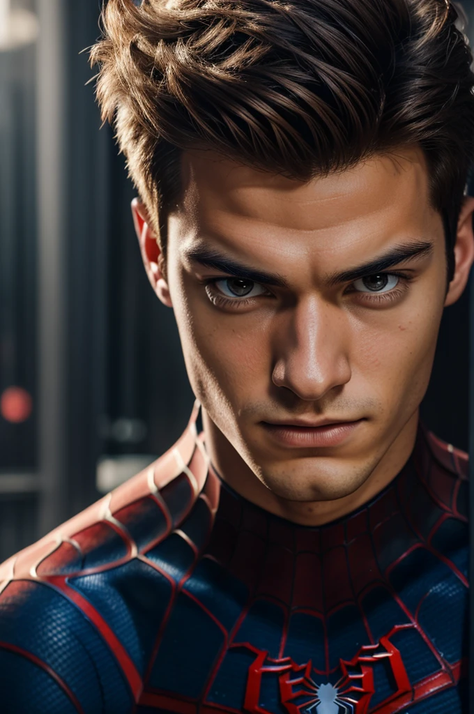 A photograph of spider man, no mask, 20 yo, handsome, detailed face, looking at camera, portrait, 8k uhd, high quality