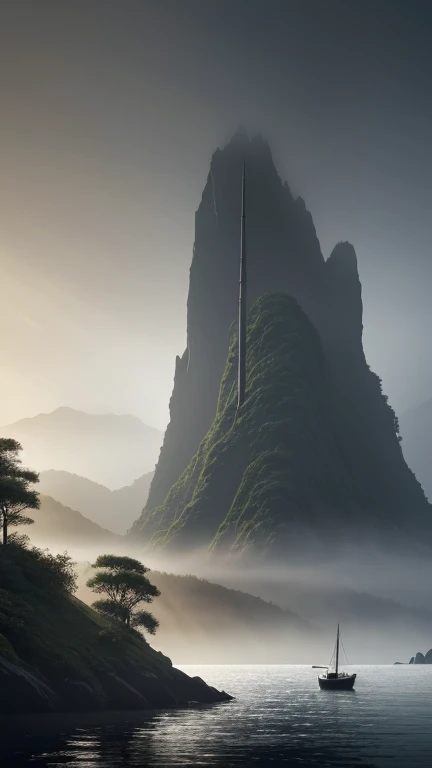 Hyper-realistic digital painting of a mysterious island shrouded in thick fog. Tall, jagged cliffs rise from the water, their bases hidden in the mist. Dark, twisted trees with gnarled branches cover the landscape, creating an eerie atmosphere. In the foreground, a small boat is anchored near the shore, and shadowy figures can be seen moving cautiously through the fog. The sky is overcast, and the light is dim, adding to the sense of mystery and foreboding. Cinematic composition, trending on ArtStation.