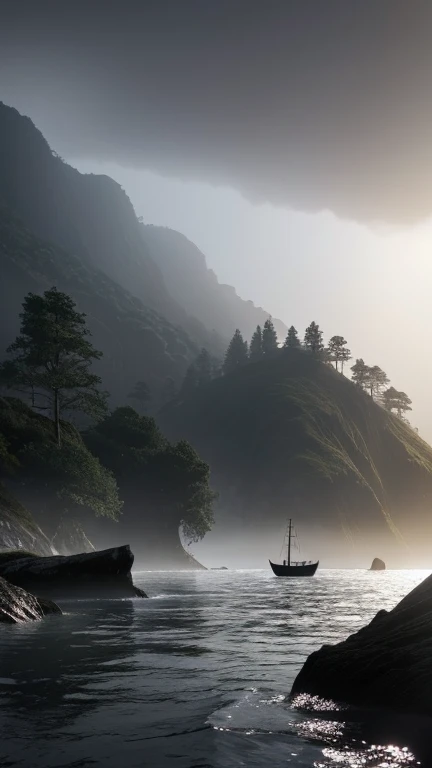 Hyper-realistic digital painting of a mysterious island shrouded in thick fog. Tall, jagged cliffs rise from the water, their bases hidden in the mist. Dark, twisted trees with gnarled branches cover the landscape, creating an eerie atmosphere. In the foreground, a small boat is anchored near the shore, and shadowy figures can be seen moving cautiously through the fog. The sky is overcast, and the light is dim, adding to the sense of mystery and foreboding. Cinematic composition, trending on ArtStation.