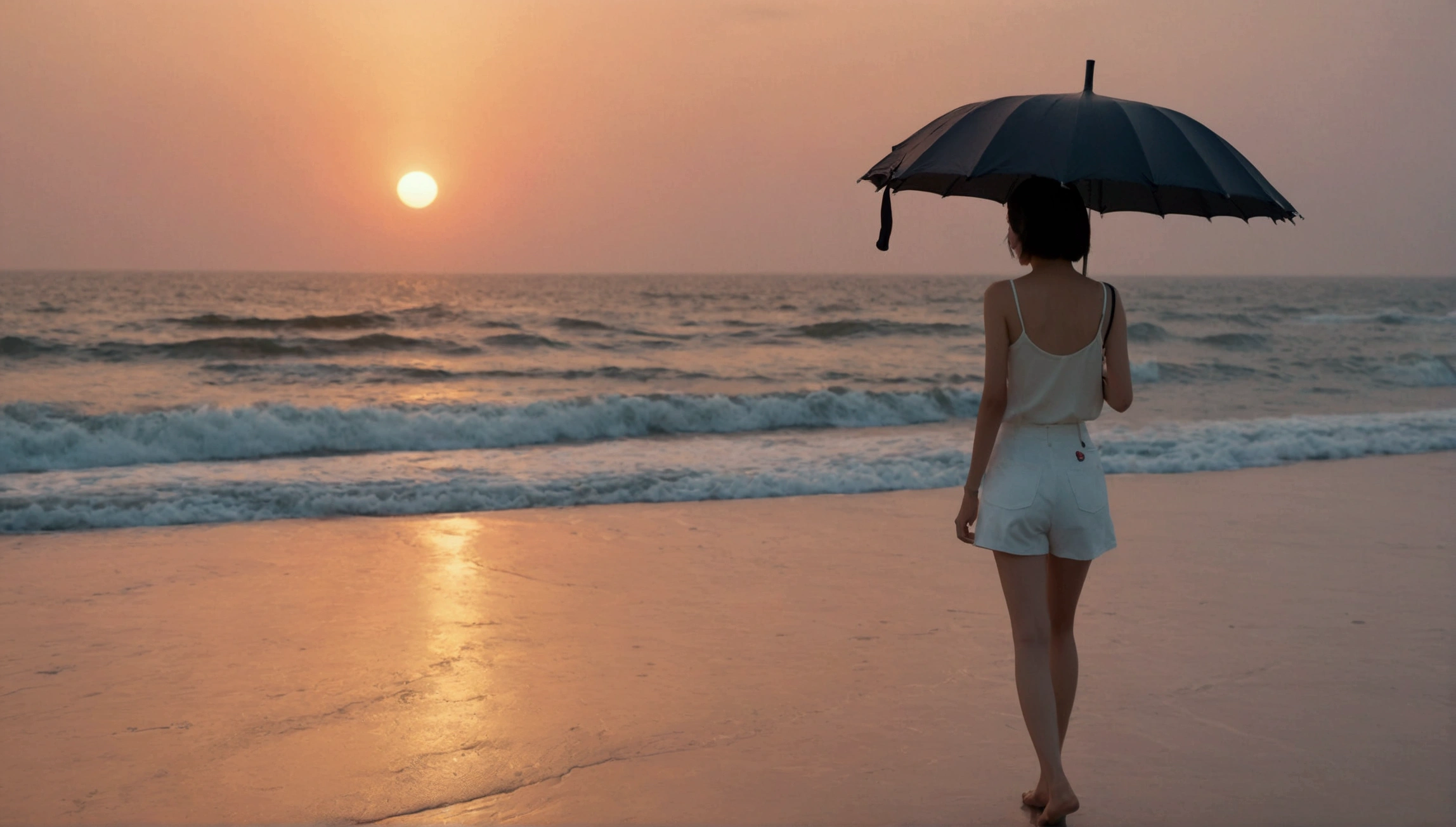 8k, Vivid picture quality, Vivid picture quality, long deserted beach, walking slowly from afar, short medium hair, beautiful appearance, Model-like body, sunset의 붉은 빛, sunset, alone, afternoon, depressed, tide가 밀려온다, rain, black umbrella, ocean, tide, wind, Short and slim Korean woman, tower, White shorts, tower을 입고 White shorts 입고, The strong red light of the setting sun, black umbrella