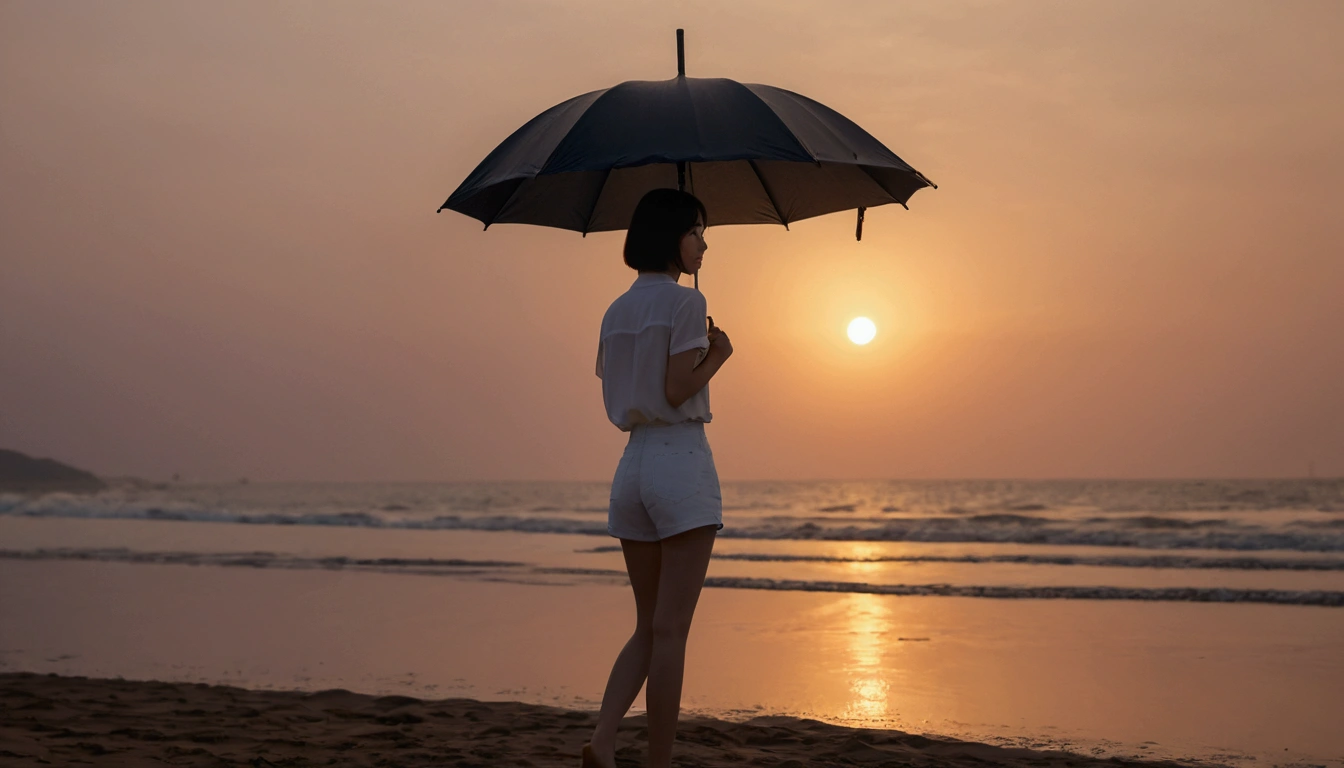8k, Vivid picture quality, Vivid picture quality, long deserted beach, walking slowly from afar, short medium hair, beautiful appearance, Model-like body, sunset의 붉은 빛, sunset, alone, afternoon, depressed, tide가 밀려온다, rain, black umbrella, ocean, tide, wind, Short and slim Korean woman, tower, White shorts, tower을 입고 White shorts 입고, The strong red light of the setting sun, black umbrella
