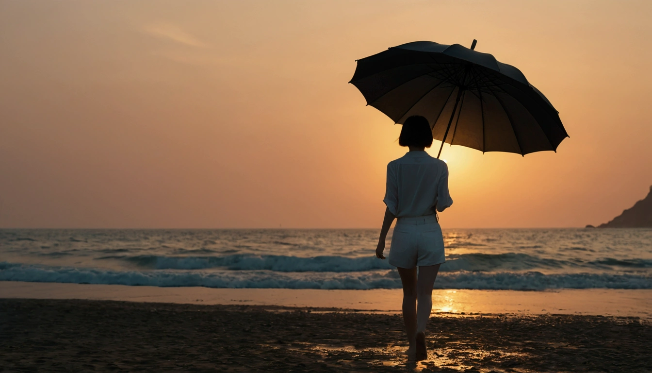 8k, Vivid picture quality, Vivid picture quality, long deserted beach, walking slowly from afar, short medium hair, beautiful appearance, Model-like body, sunset의 붉은 빛, sunset, alone, afternoon, depressed, tide가 밀려온다, rain, black umbrella, ocean, tide, wind, Short and slim Korean woman, tower, White shorts, tower을 입고 White shorts 입고, The strong red light of the setting sun, black umbrella