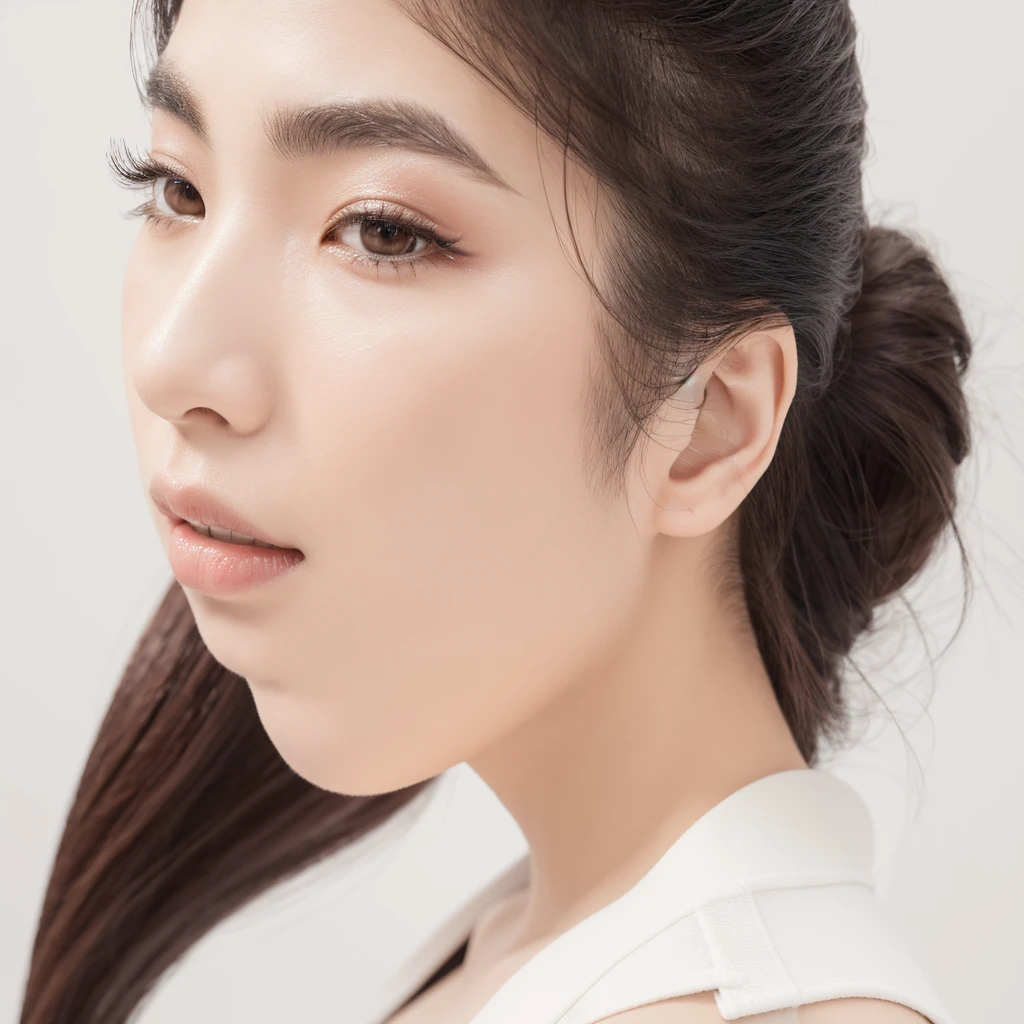 single Japanese woman, solo portrait, eyelash salon model, studio portrait, pure white background, stark white backdrop, overexposed background, high-key lighting, left profile view (90 degrees), impressive eyebrows and eyelashes, high-quality, photorealistic, one face only, clean minimalist setting