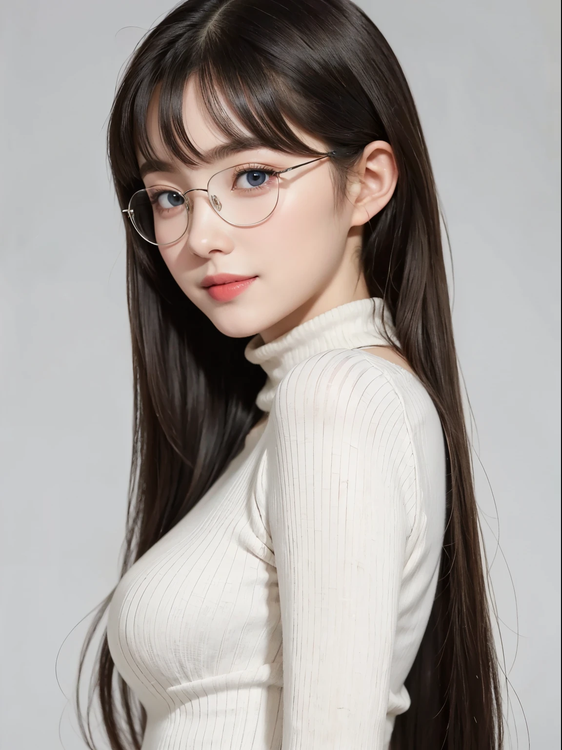 (Best quality, masterpiece, detailed), (RAW, 4k, hd images), shy, 1 girl, 17 years old, white skin, long hair, ponytail, layers hair, bangs, black hair, beautiful girl, cute girl, sweet girl, pretty girl, perfect girl, pretty eyes, blue eyes, thin lips, thin, eye line, perfect round breast, glasses(detailed frame), simple background, smile, waist, hips, sweater clothes, random angle capture, half body, 